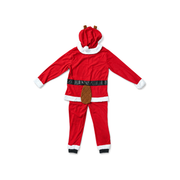 Back of the adult Buc-ee's Santa union suit showing the hood and tail patch