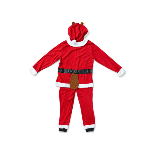 Buc-ee's Christmas Santa union suit, a red one-piece pajama with white plush trim, black belt, zip front and beaver face hood