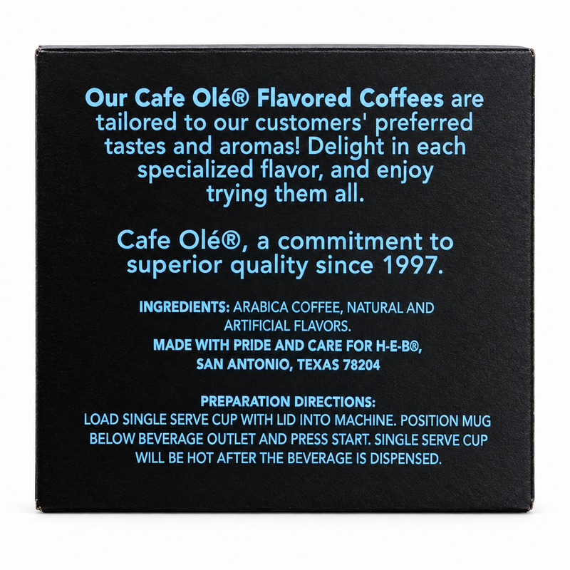 Side panel of the Cafe Olé Snickernut Cookie pods box