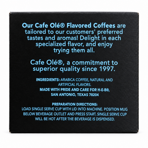 Side panel of the Cafe Olé Snickernut Cookie pods box