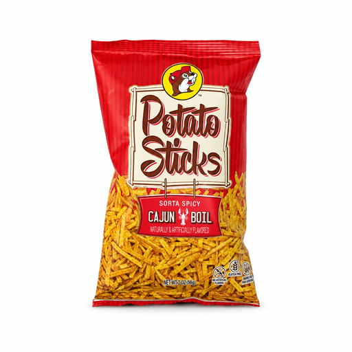 Red bag of Buc-ee's Sorta Spicy Cajun Boil Potato Sticks