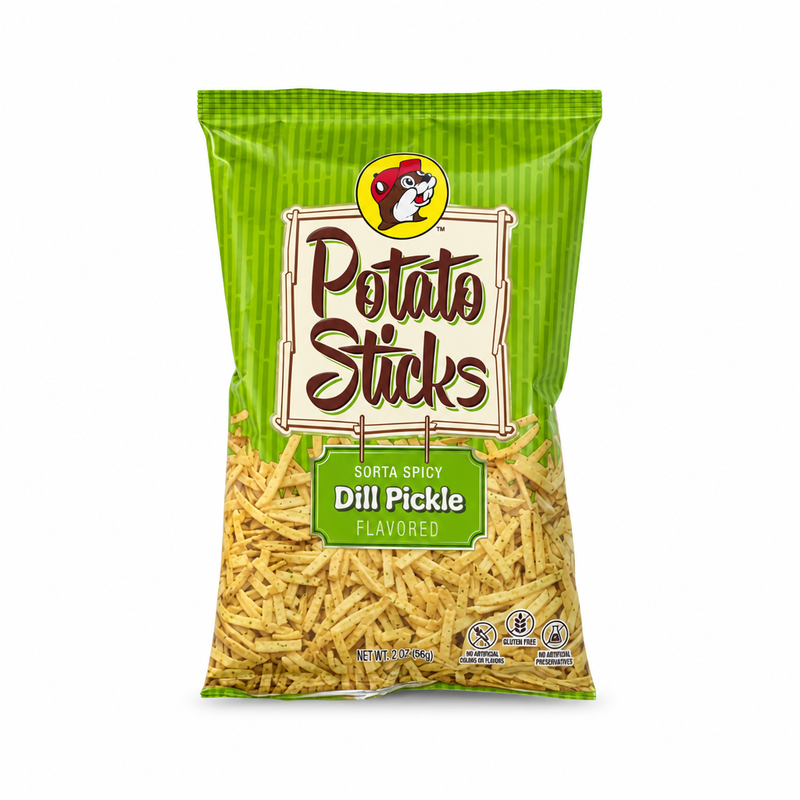 Light green bag of Buc-ee's Sorta Spicy Dill Pickle Potato Sticks