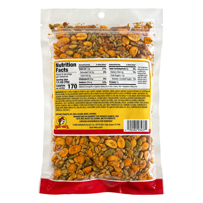 Back of Buc-ee's Southwest Trail Mix 10 oz bag with nutrition facts, ingredients and allergen statement