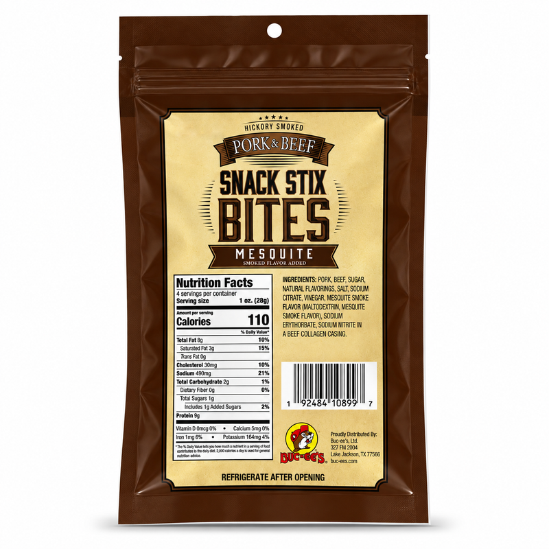 Back of the Buc-ee's Mesquite Snack Stix Bites bag with nutrition facts