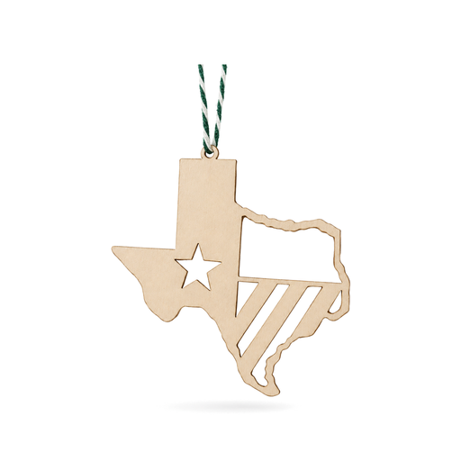 Laser-cut wooden Texas ornament with star and flag stripes, green and white string, on white