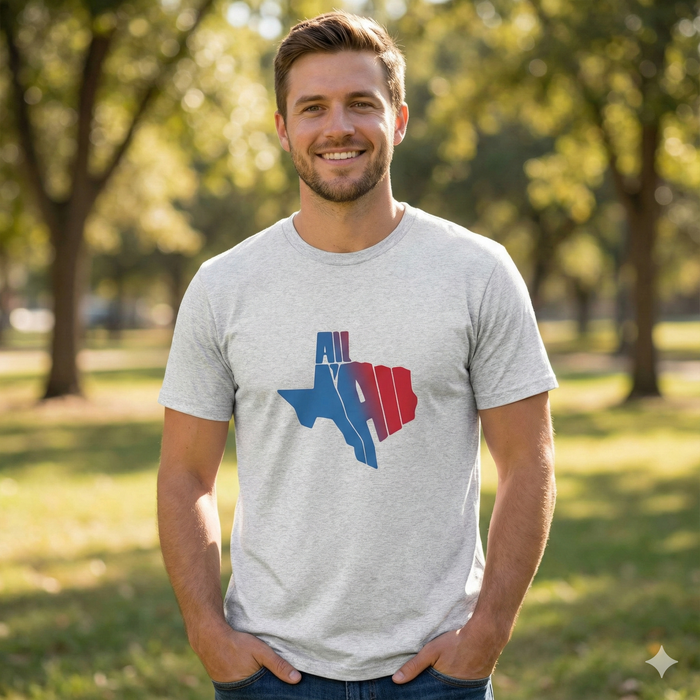 "All Y'all" Texas Tee with Red and Blue Texas-shaped graphic