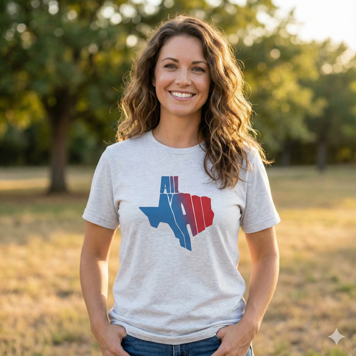 "All Y'all" Texas Tee with Red and Blue Texas-shaped graphic