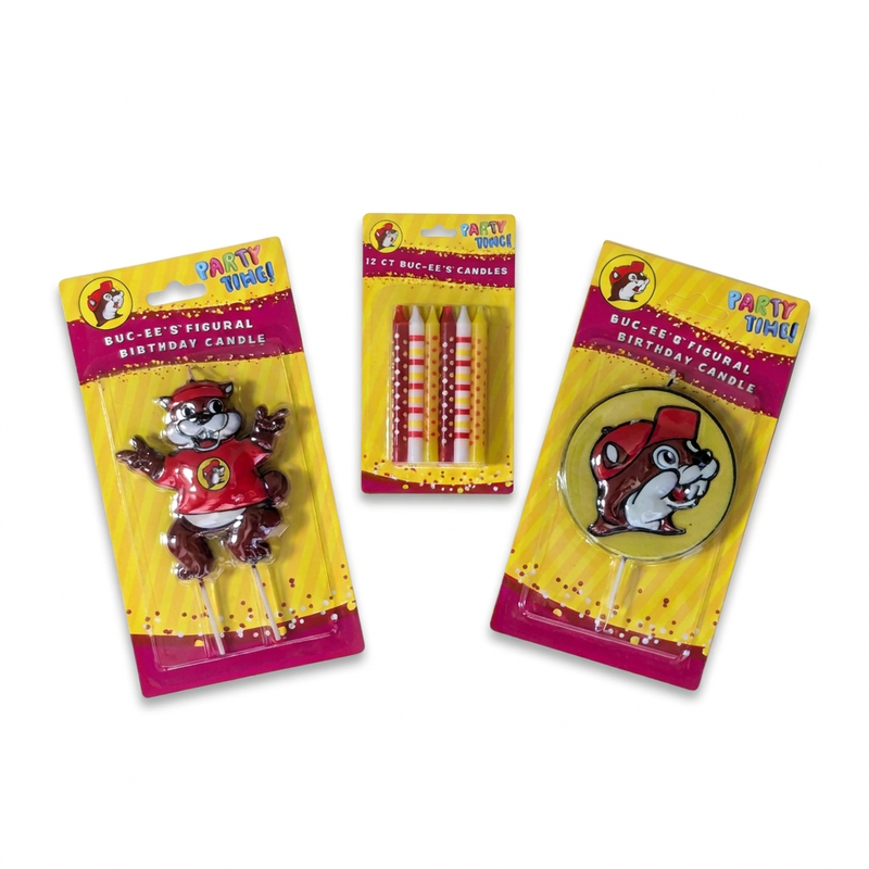 Buc-ee’s Party Candles: a full-body beaver figural candle, a 12-count striped candle pack, and a round beaver head candle