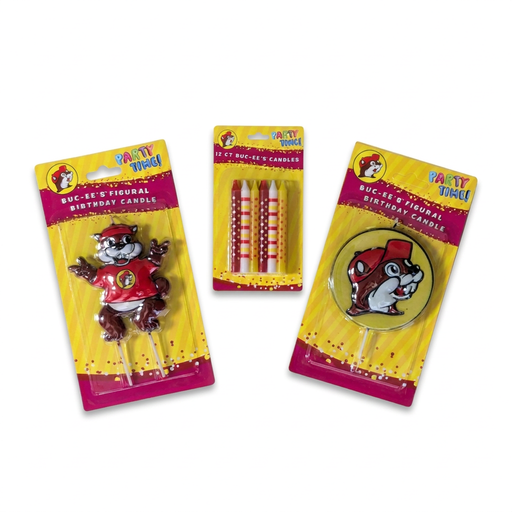 Buc-ee’s Party Candles: a full-body beaver figural candle, a 12-count striped candle pack, and a round beaver head candle
