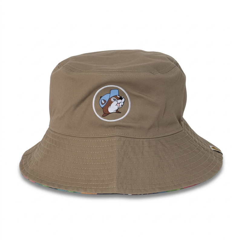 Khaki side of the Buc-ee's reversible twill bucket hat with logo patch