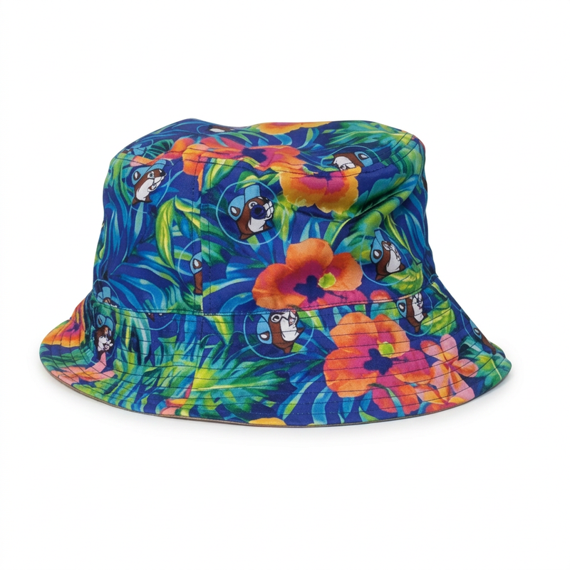 Tropical floral side of the Buc-ee's reversible twill bucket hat