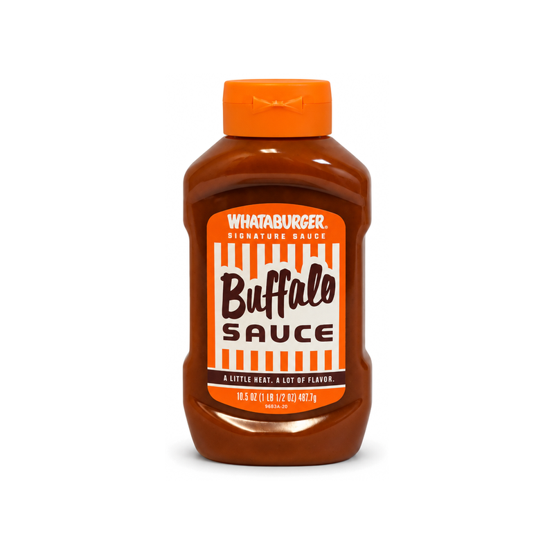 Whataburger Buffalo Sauce in a squeeze bottle with orange cap and striped label, front view