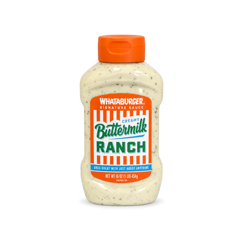 Whataburger Buttermilk Ranch in a squeeze bottle with orange cap and green lettering
