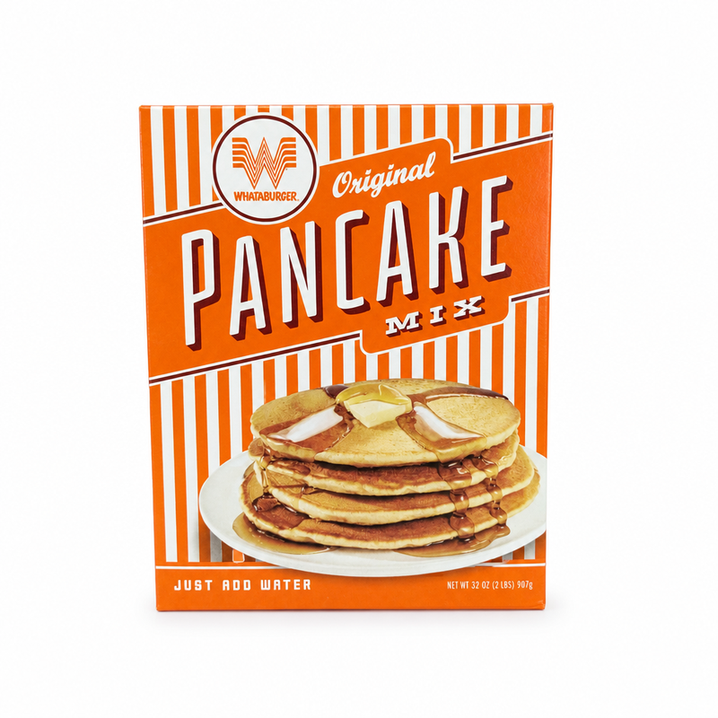 Whataburger Original Pancake Mix in a 32 oz orange and white striped box with pancakes