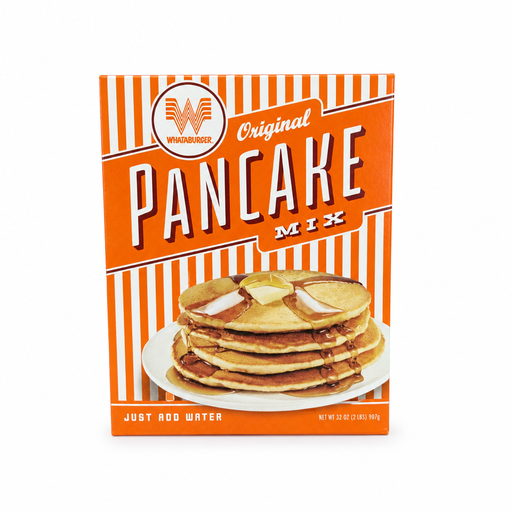 Whataburger Original Pancake Mix in a 32 oz orange and white striped box with pancakes