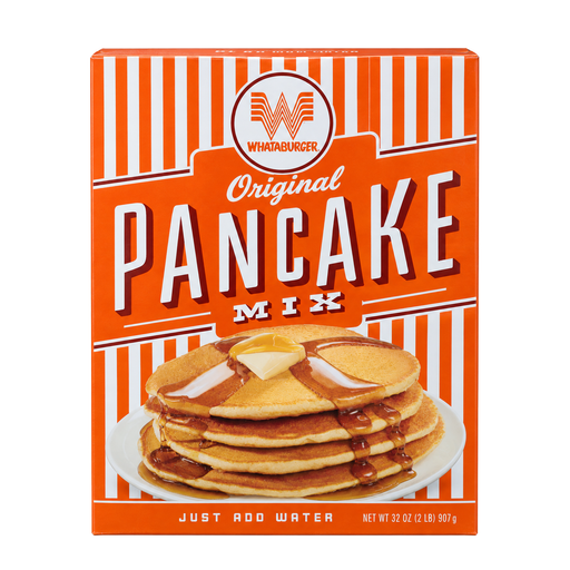 Front of Whataburger Original Pancake Mix 32 oz box with a stack of syrup-topped pancakes