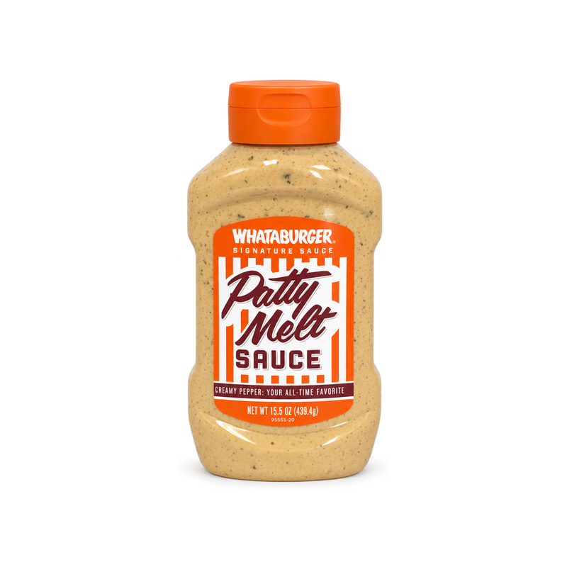 Whataburger Patty Melt Sauce in a squeeze bottle with orange cap and striped label