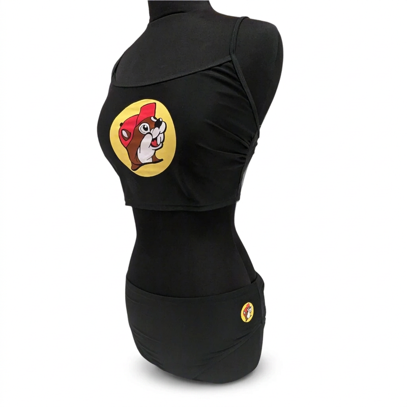 Buc-ee’s women’s black logo two-piece swim set with crop top featuring large beaver logo and bottom with small hip logo
