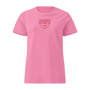 Pink t-shirt with red graphic and text on a white background