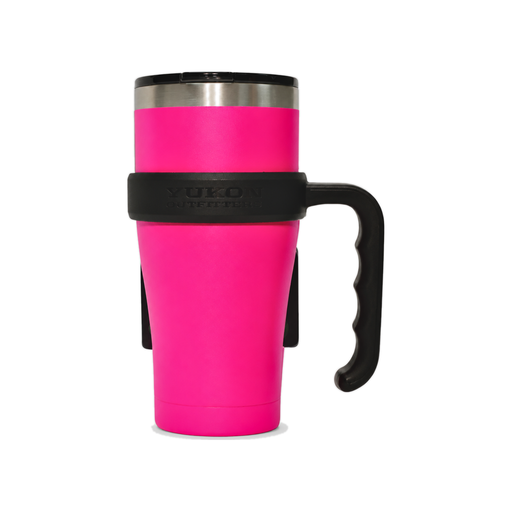 Yukon Outfitters steel tumbler with black lid and black embossed logo handle
