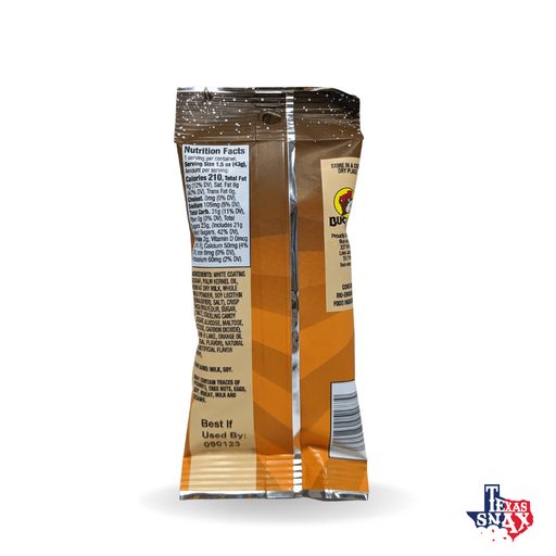 Back of the orange Orange Cream Cosmic Pops bag showing nutrition facts, on white