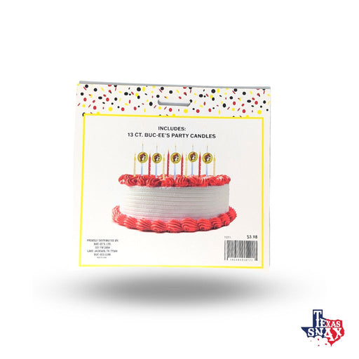 Buc-ee's Party Time birthday candle set package, back view with cake image