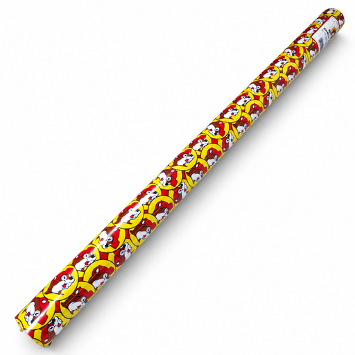 Roll of yellow Buc-ee's gift wrap with alternating Buc-ee the Beaver logos, angled view