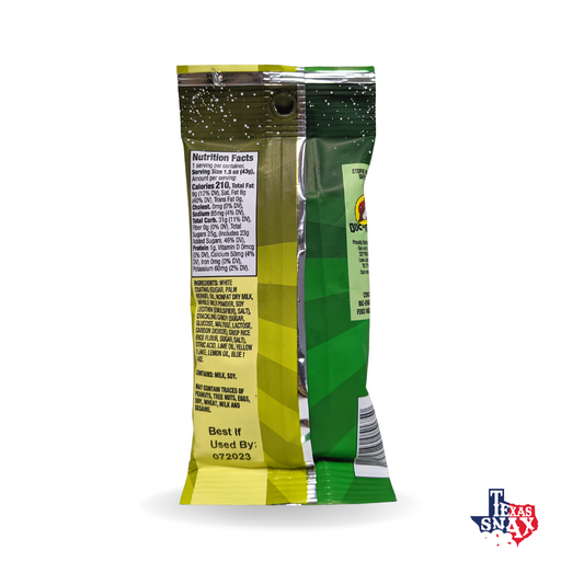 Back of the green Lemon Lime Cosmic Pops bag showing nutrition facts, on white