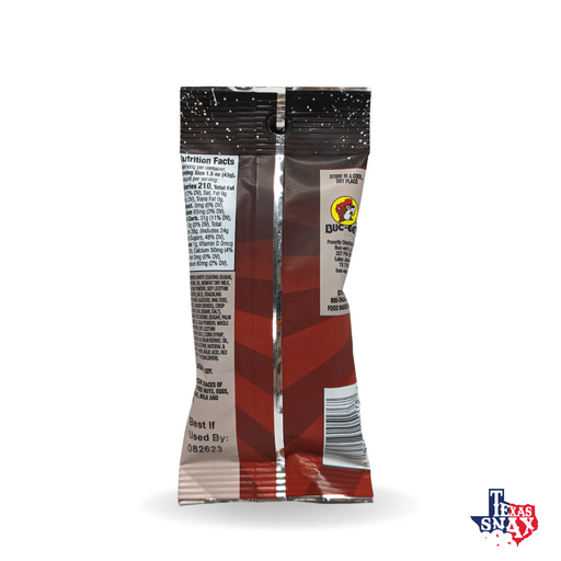 Back of the red Cherry Cola Cosmic Pops bag showing nutrition facts, on white
