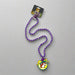 A necklace of purple beads with a Mardi Gras themed pendant featuring a jester character.
